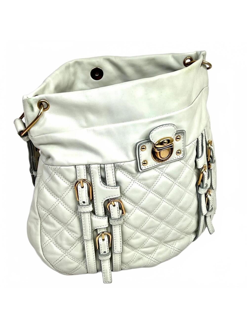 Marc Jacobs Vintage Leather Quilted Shoulder Bag Gold Buckles White 12x14x3